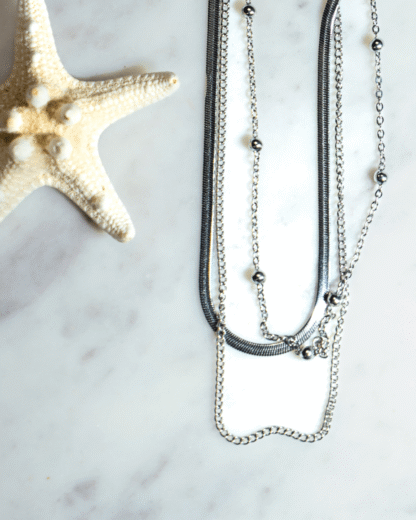 Triple-Layer Silver-Tone Beaded Necklace