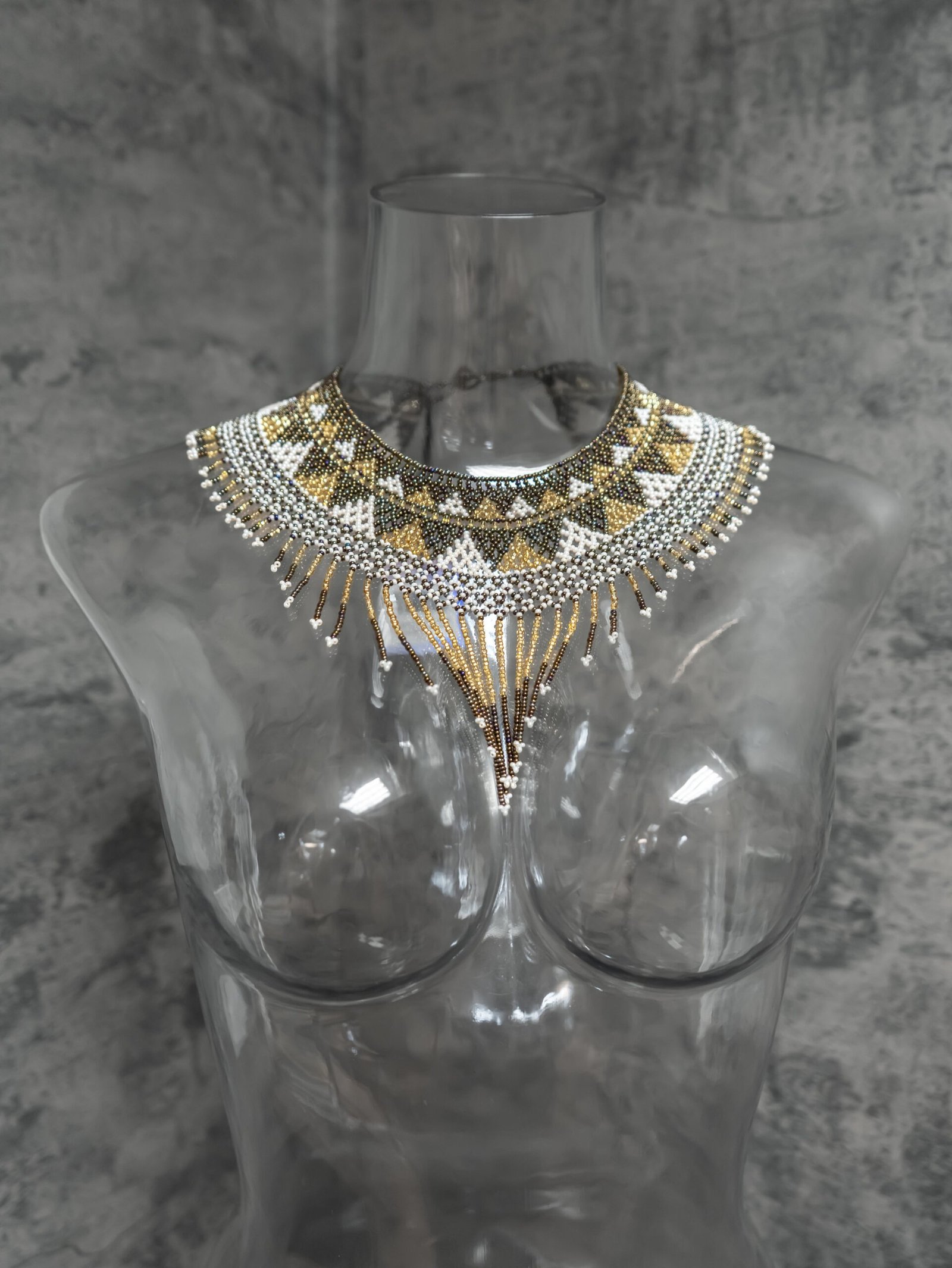 Ivory, gold and bronze beadwork on Sol Dorado choker